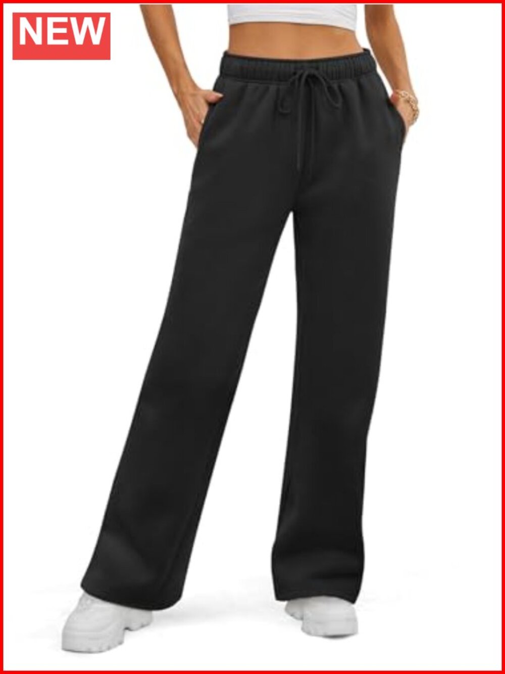 Fleece Lined Wide Leg Sweatpants Drawstring High Rise Pockets Lounge